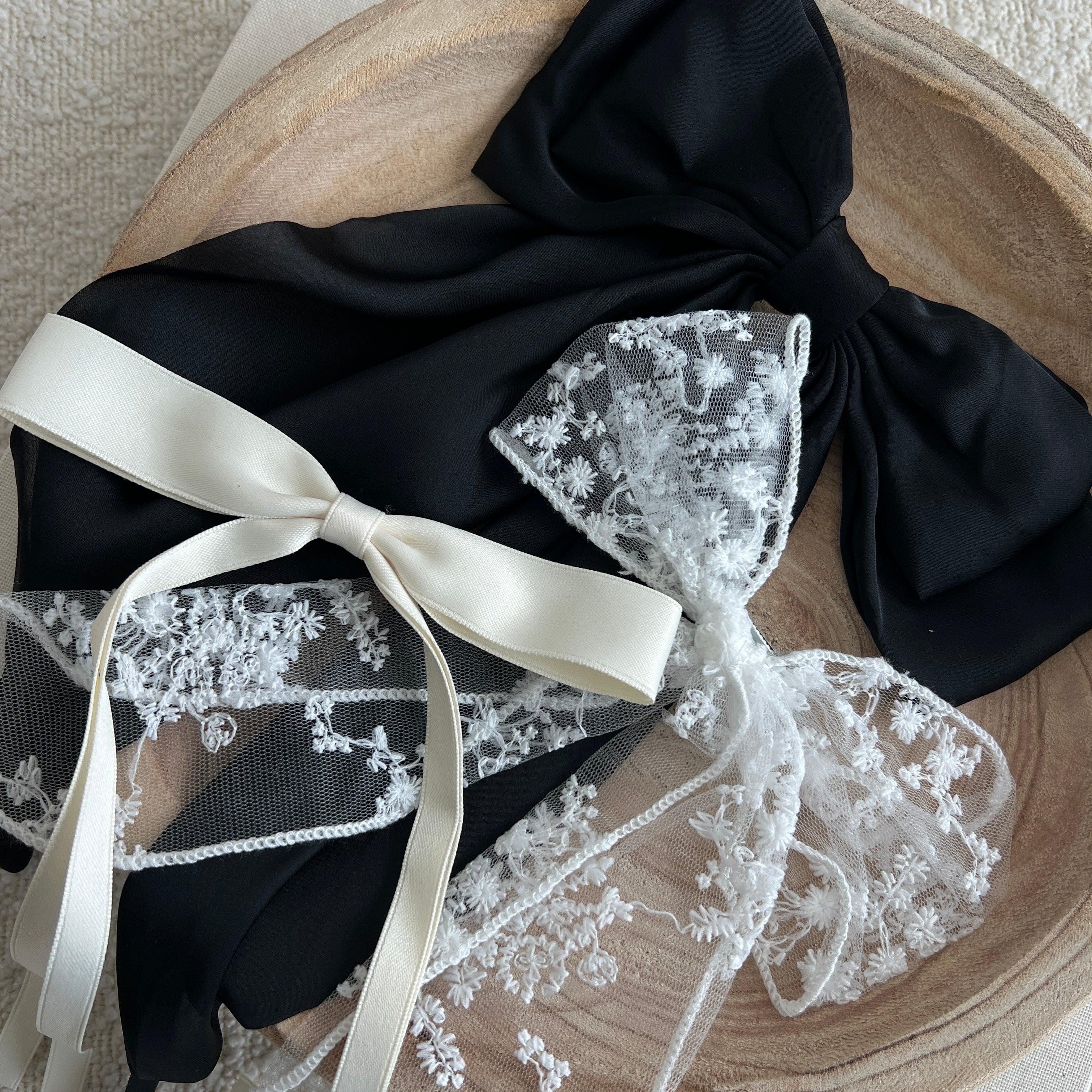 Elegant black and cream embroidered ribbon bow-style at top headband NEW Black Embellished Hair Bows - Etsy main image 4